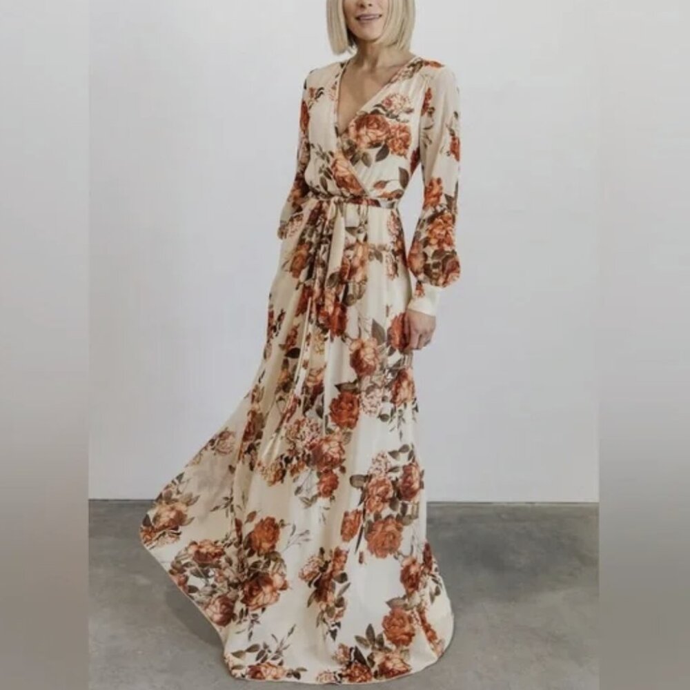 Baltic Born Lydia Warm Fall Floral Chiffon Maxi Dress Ivory Surplice Belted Med